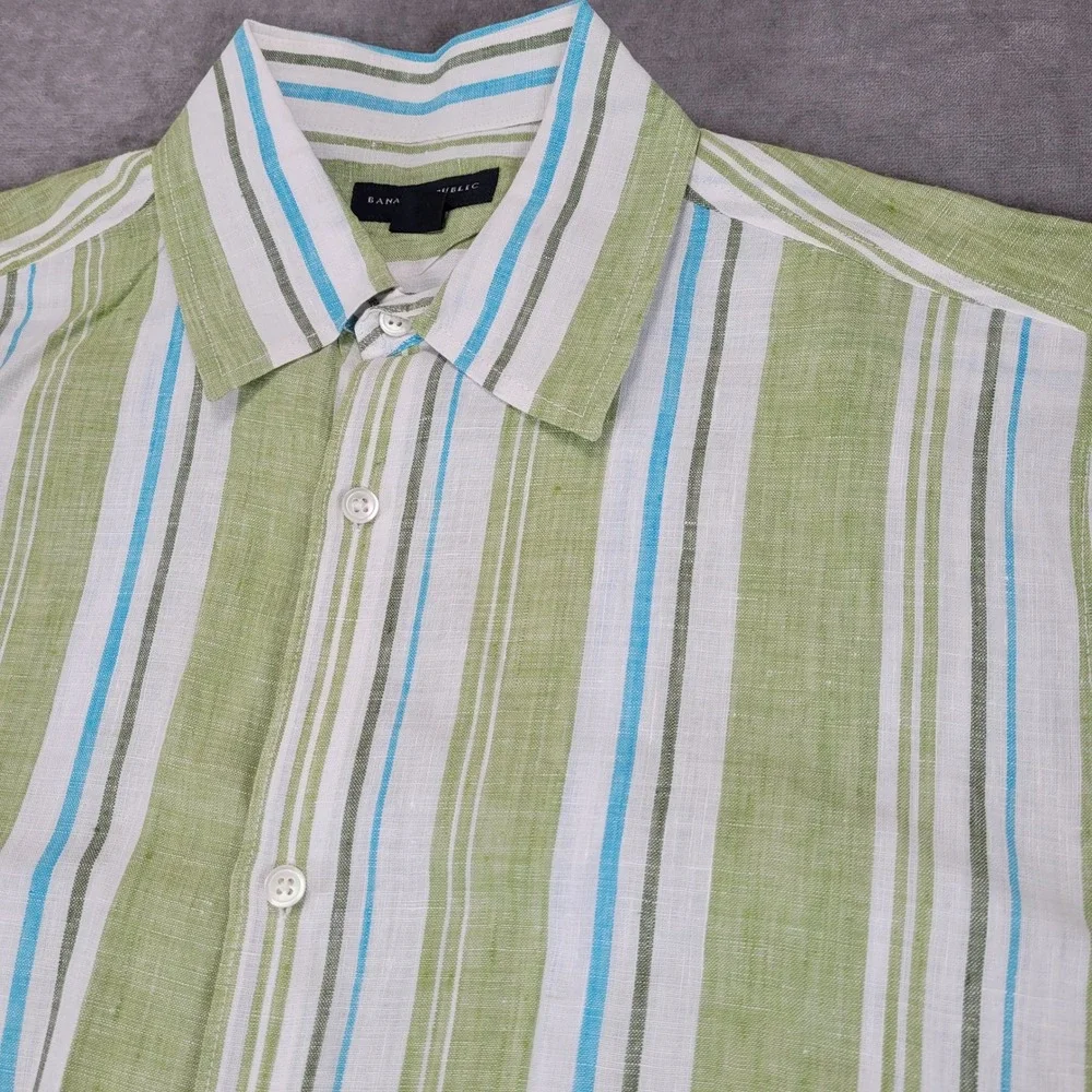 Banana Republic Mens Med Green White Blue Striped 100% Linen Short Sleeve Shirt